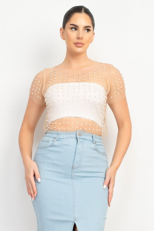 DT 1826 - Pearl Detail Mesh Crop Top