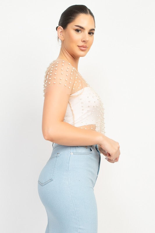 DT 1826 - Pearl Detail Mesh Crop Top