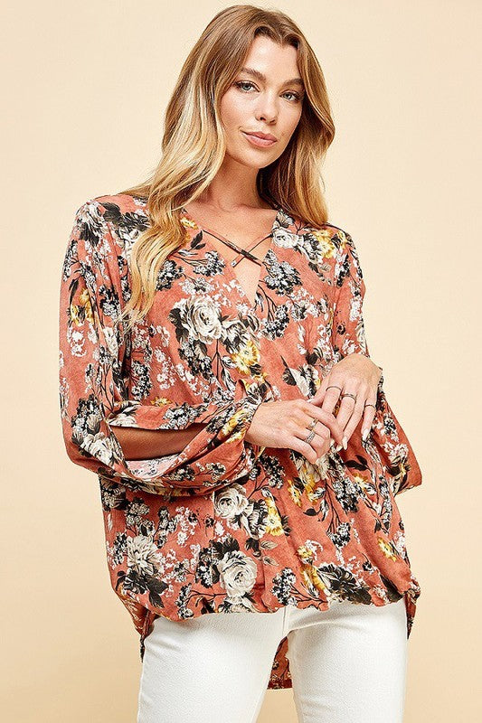 CT 2762 - Floral Criss Cross Cuffed Open Sleeve Top