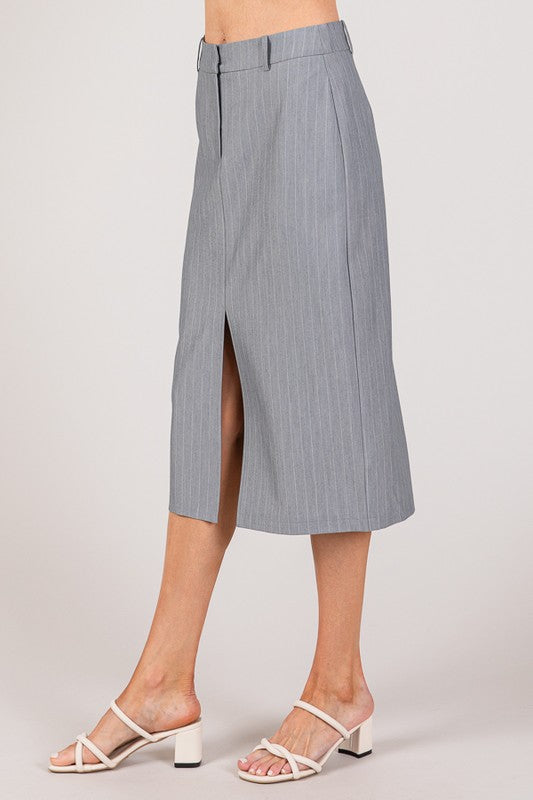 SKT 984 - Pinstriped Slit Long Skirt