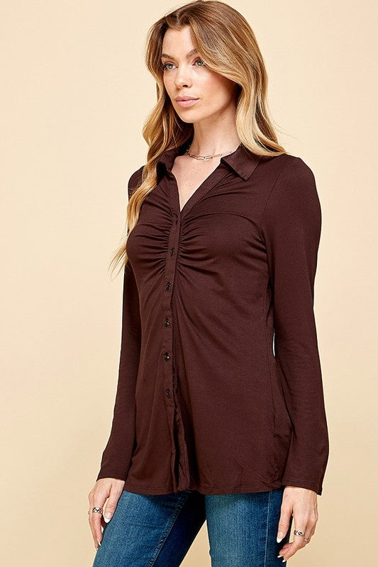 CT 2760 - V Collar Bell Sleeve Button Up Top