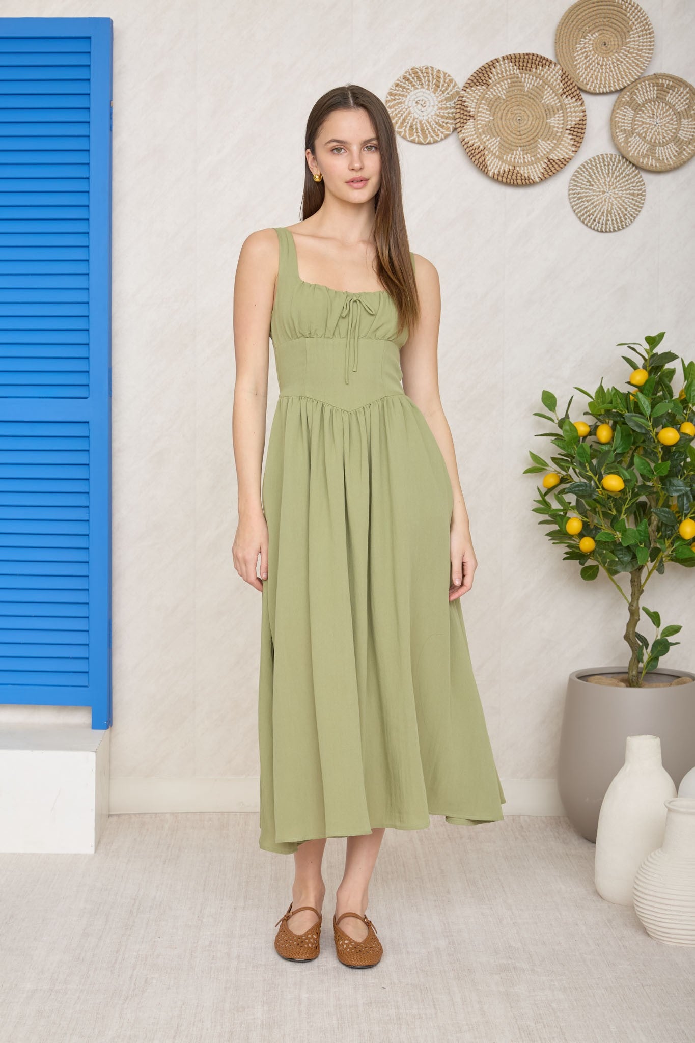 DD 1416 - Square Neck Corset Waist Midi Dress