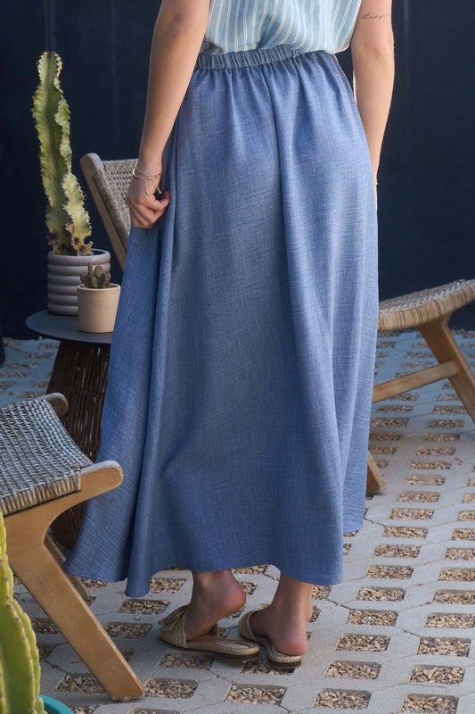 SKT 957 - High Elastic Waist Midi Skirt With Pockets