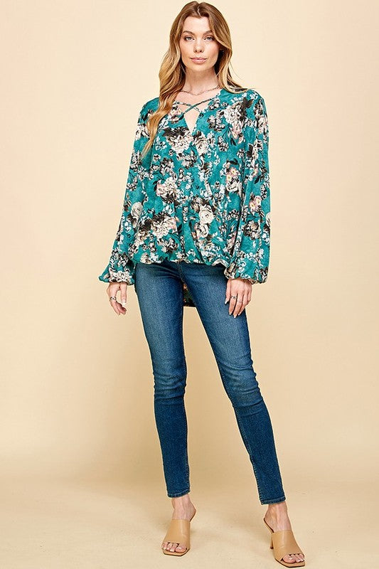 CT 2762 - Floral Criss Cross Cuffed Open Sleeve Top