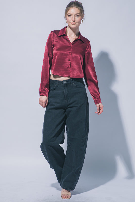 DT 1955 - Cropped Satin Button Up Shirt