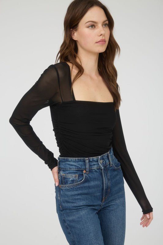 DT 1819 - Ruched Long Sleeve Mesh Top