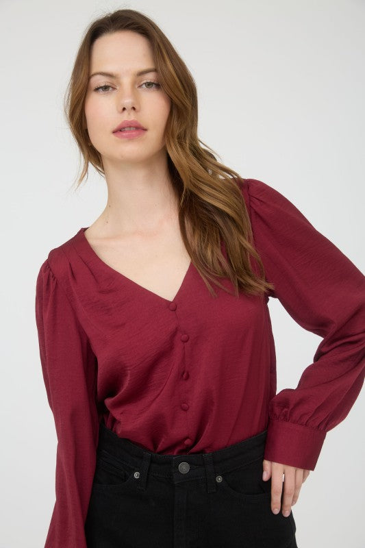 DT 1665 - Long Sleeve Satin V Neck Top