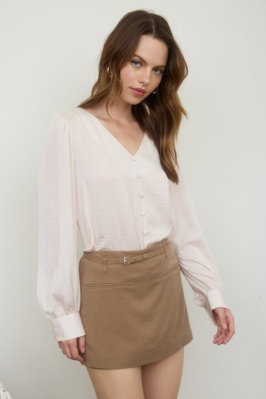 DT 1665 - Long Sleeve Satin V Neck Top