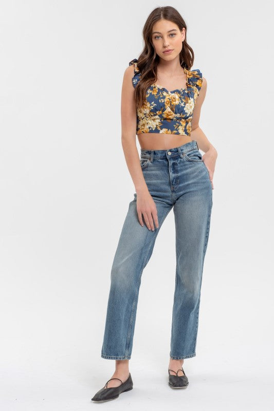 DT 1784 - Floral Ruffle Trim Crop Top