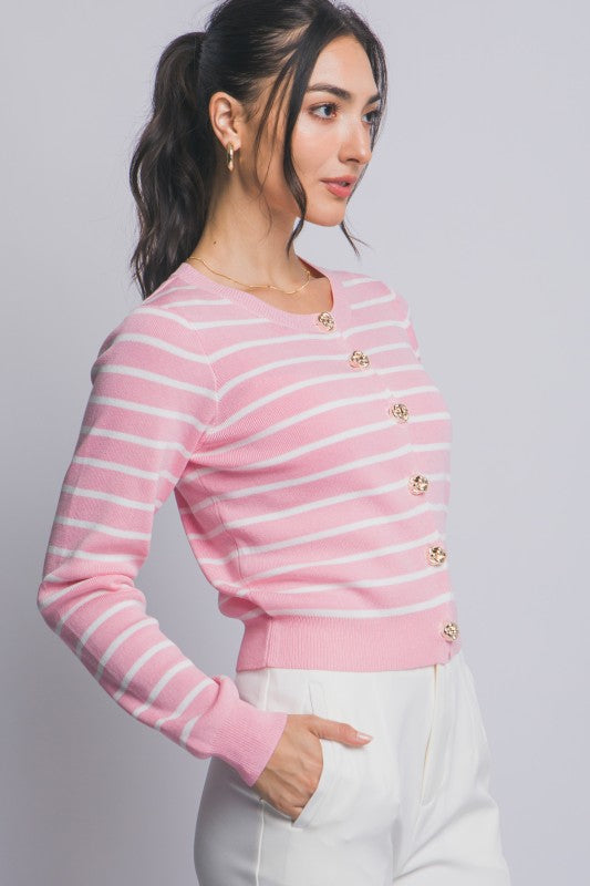 SWT 029 - Striped Cardigan with Gold Accents