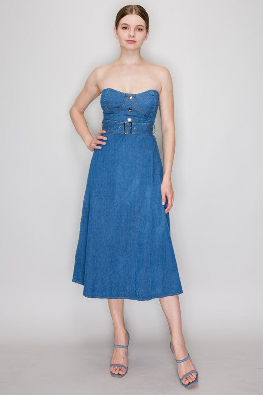 DD 1393 - Belted Denim Midi Dress