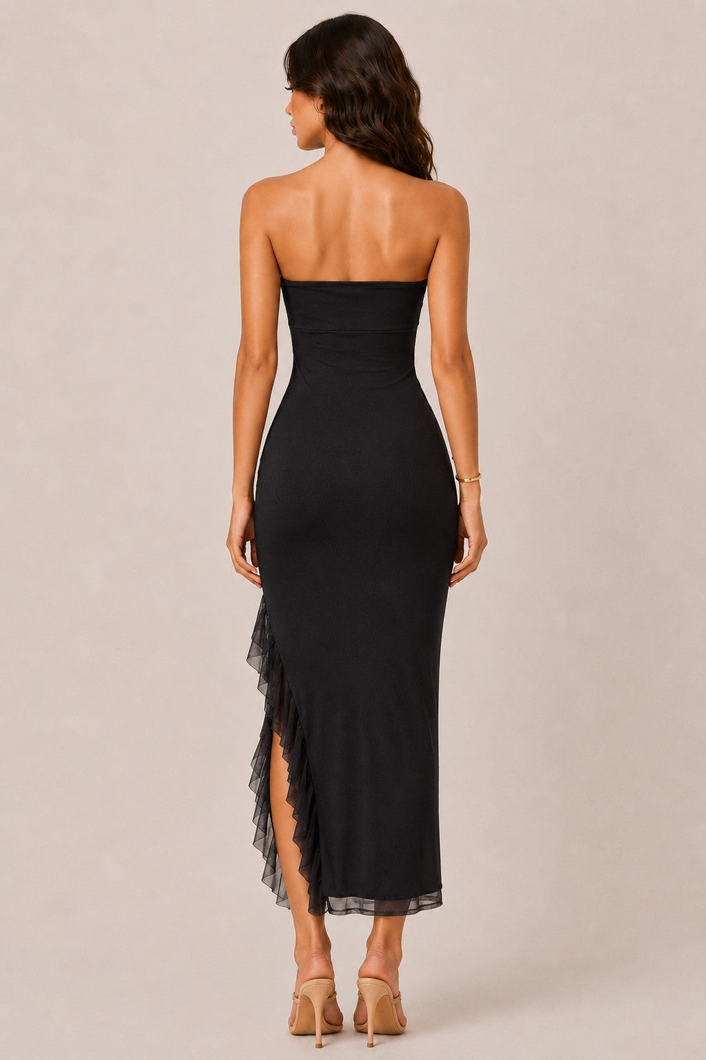 LD 647 - Ruched Side Slit Ruffle Dress