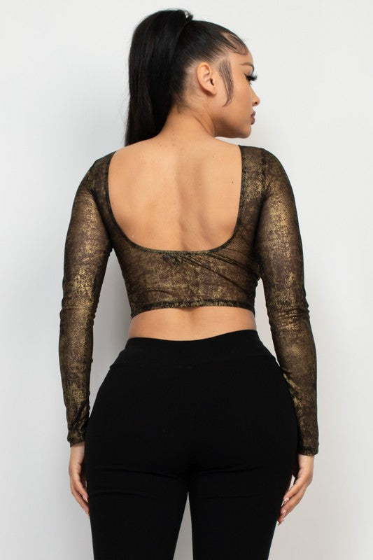 DT 1797 - Metallic Mesh Long Sleeve Crop Top