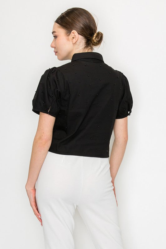 DT 1669 - Pearl Detail Button Down Crop Top