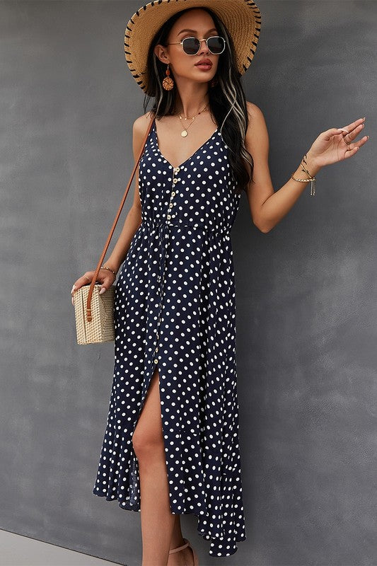 CD 3613 - Polka Dot Drawstring Midi Dress