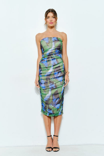 DD 1386 - Abstract Print Ruched Midi Dress