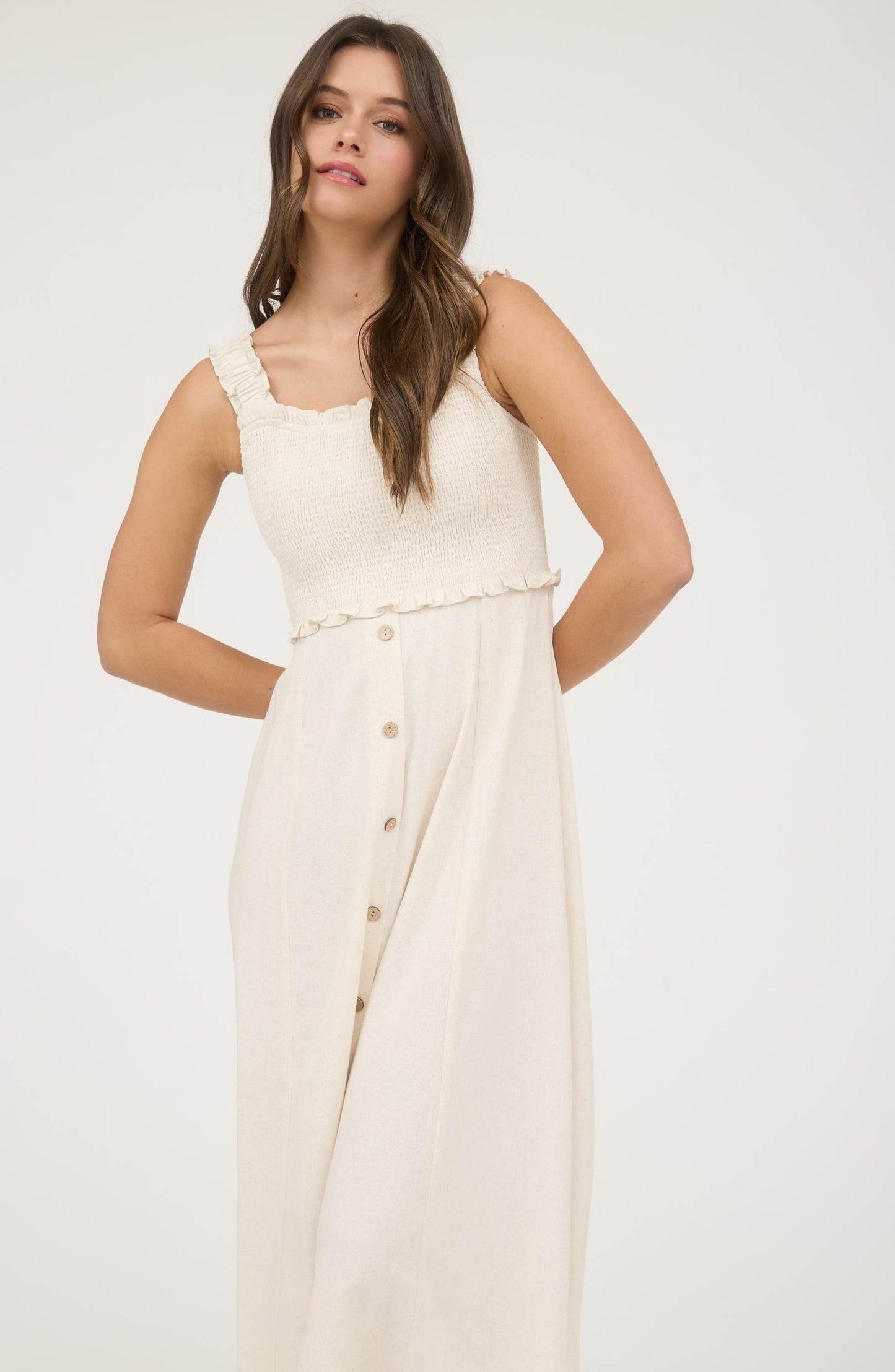 DD 1398 - Smocked Button Down Midi Dress