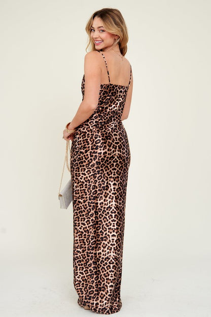 LD 606 - Printed Slit Satin Maxi Dress
