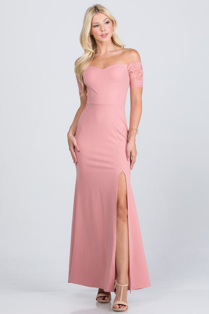 LD 560 - Off Shoulder Lace Detail Mermaid Dress