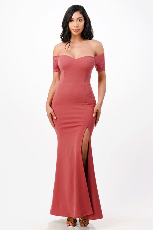 LD 560 - Off Shoulder Lace Detail Mermaid Dress