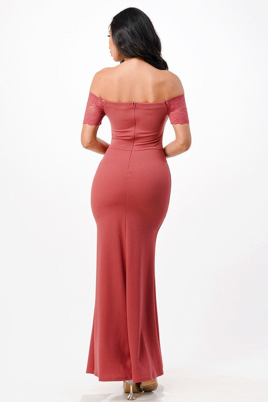 LD 560 - Off Shoulder Lace Detail Mermaid Dress