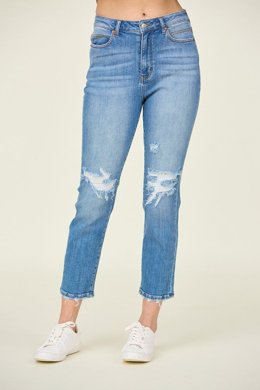 P 774 - Distressed High Rise Cropped Mom Jeans