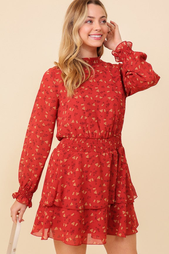 CD 3761 - High Neck Smocked Waist Ruffle Dress