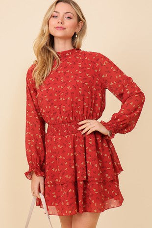 CD 3761 - High Neck Smocked Waist Ruffle Dress