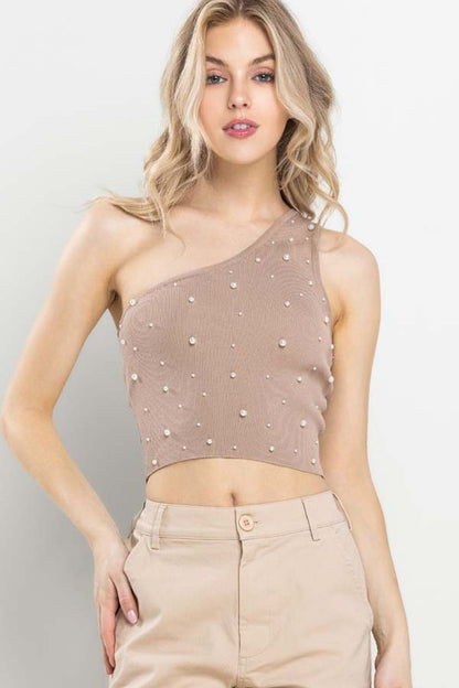 CT 2754 - Yoko One Shoulder Pearl Top