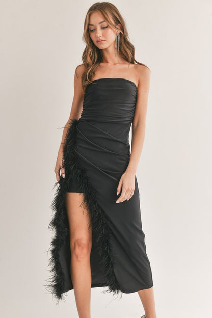 DD 1351 - Feather Detail Side Slit Midi Dress