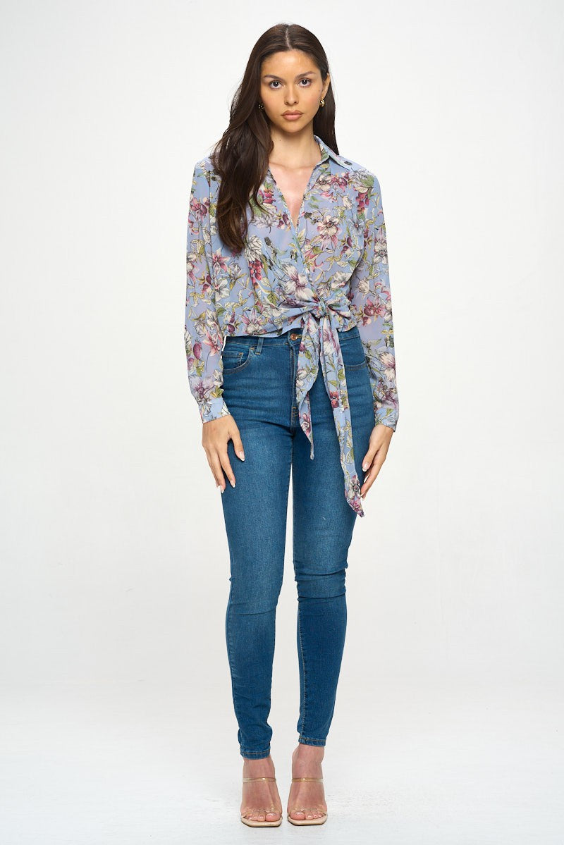 CT 2822 - Floral Side Tie Shirt Top