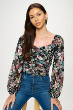 DT 1941 - Botanical Print Front Ruched Top