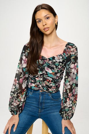 DT 1941 - Botanical Print Front Ruched Top