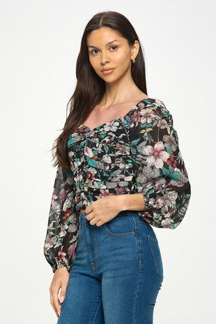 DT 1941 - Botanical Print Front Ruched Top