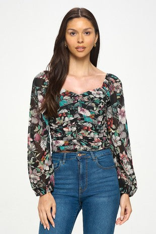 DT 1941 - Botanical Print Front Ruched Top