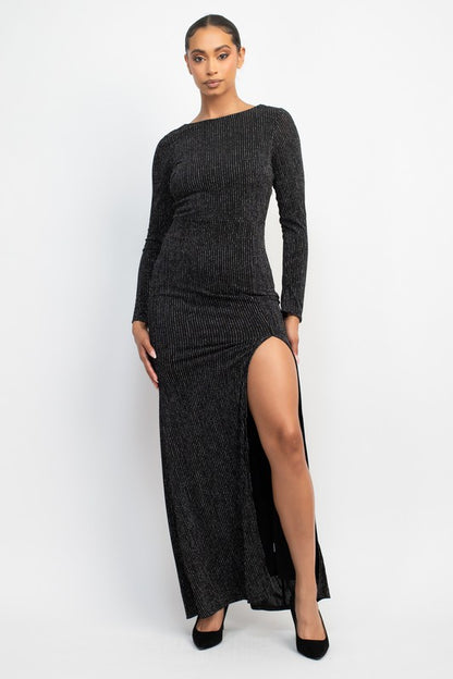 DD 1341 - Side Slit Glitter Maxi Dress