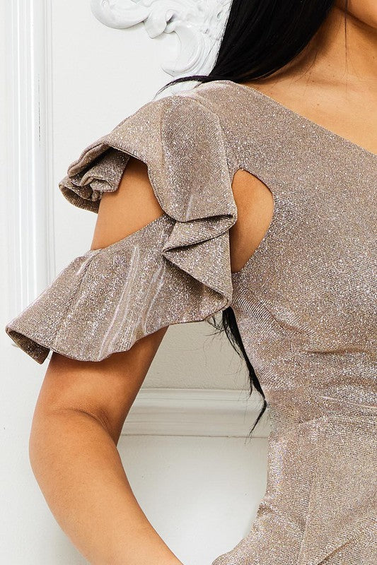 LD 573 - Glittered One Shoulder Maxi Dress