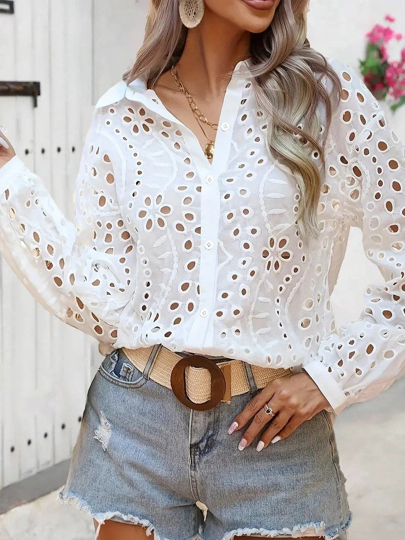 DT 1912 - Floral Long Sleeve Eyelet Top
