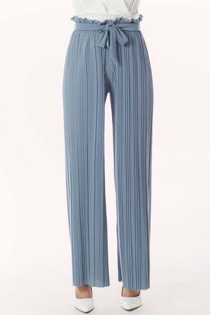 P 742 - Ribbon-tie Pleated Wide Leg Palazzo Pants