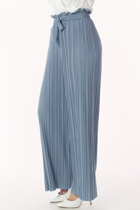 P 742 - Ribbon-tie Pleated Wide Leg Palazzo Pants