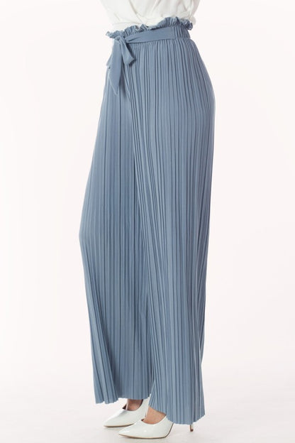 P 742 - Ribbon-tie Pleated Wide Leg Palazzo Pants