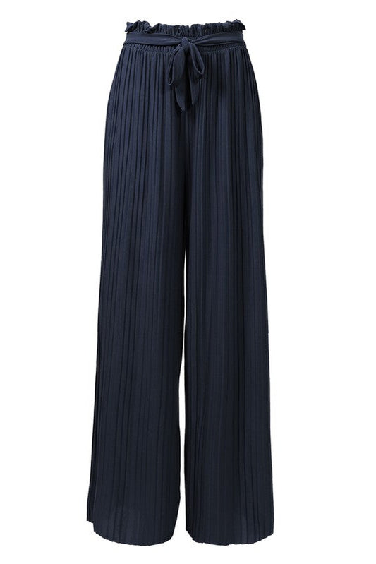 P 742 - Ribbon-tie Pleated Wide Leg Palazzo Pants