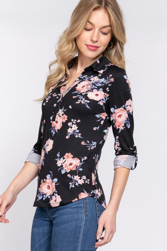 CT 2675 - 3/4 Roll Up Sleeve Top