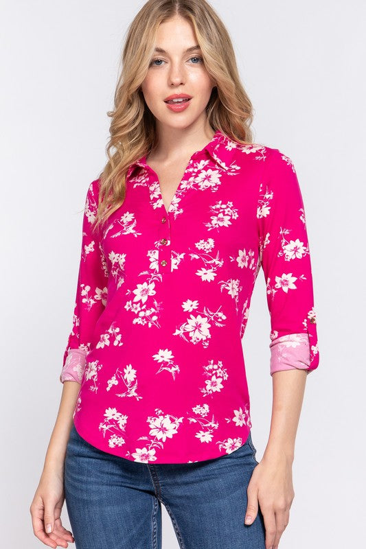 CT 2675 - 3/4 Roll Up Sleeve Top