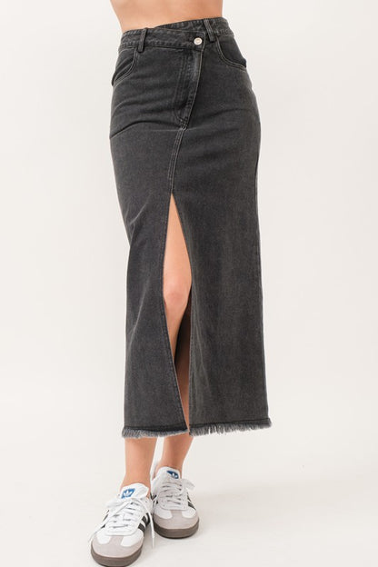 SKT 962 - Criss Cross Denim Maxi Skirt
