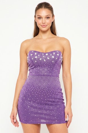 DD 1482 - Tube Top Beaded & Rhinestone Mini Dress