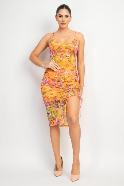 DD 1333 - Floral Ruched Slit Dress