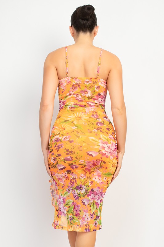 DD 1333 - Floral Ruched Slit Dress