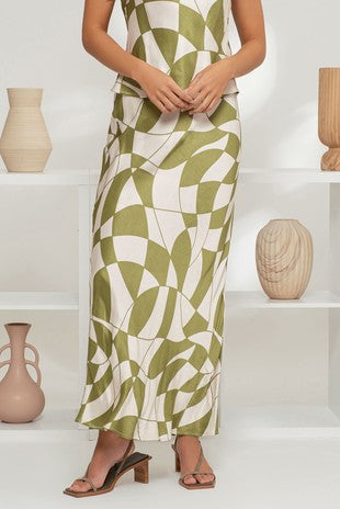 SET 083 - Geo Checkered Satin Midi Skirt