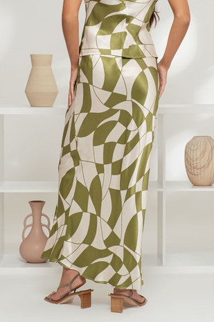 SET 083 - Geo Checkered Satin Midi Skirt